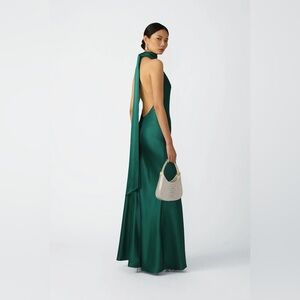Backless Emerald Satin Halter Maxi Dress